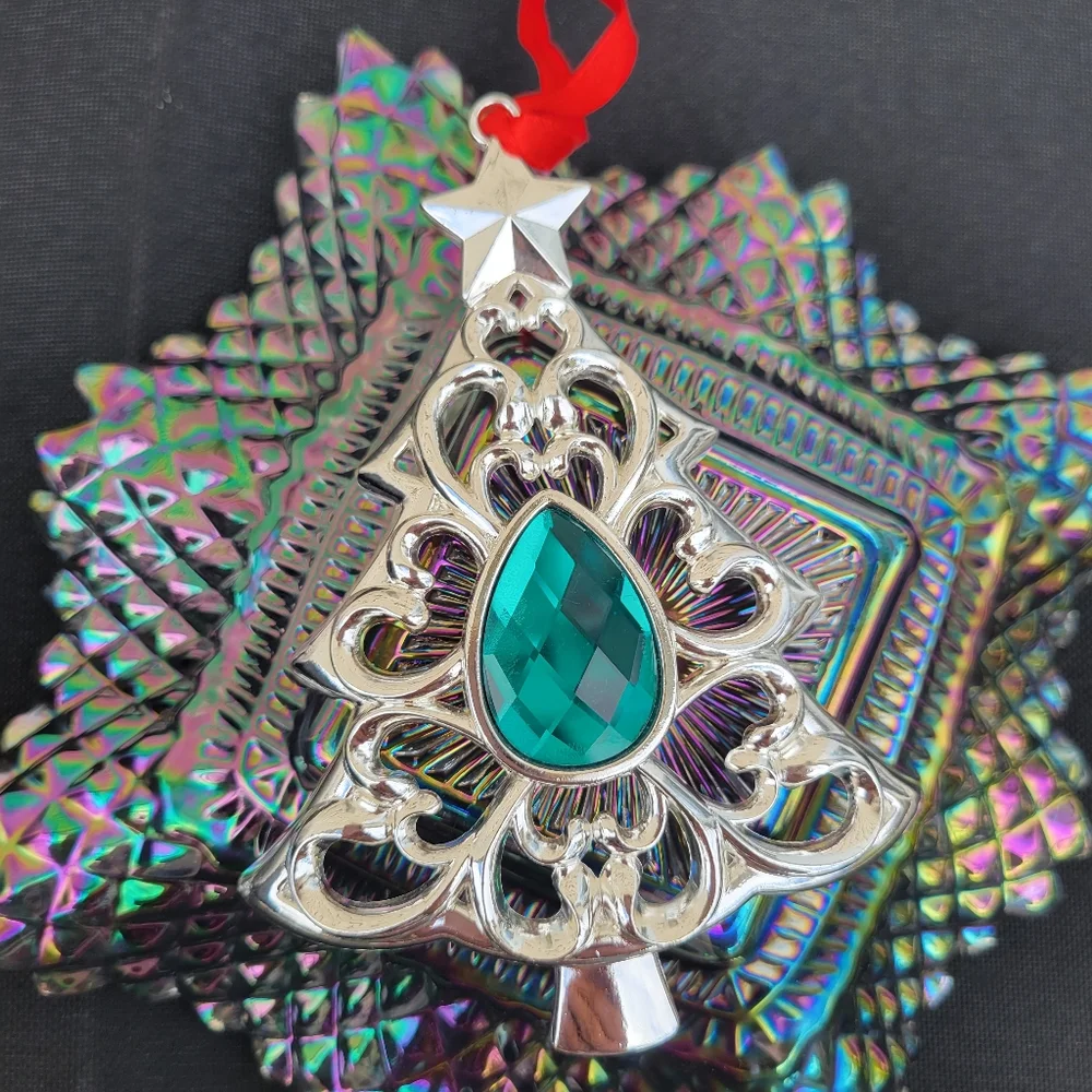 Lenox Silver-tone Christmas Tree Ornament ~ Teal Embellishment ~ GUC ~ Pretty!
